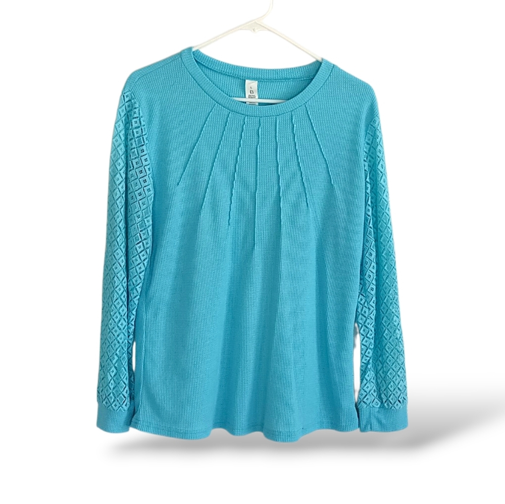 Turquoise Lace Sleeve Shirt Thermal Shirt Colorful Crew Neck Waffle Texture LG